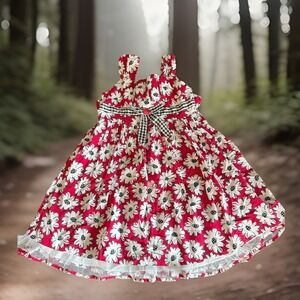 Ashley Ann Floral Sundress Kids 5 Red White Daisy Twirl Tulle Hem Cottagecore